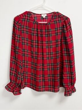 J Crew Tartan Plaid Blouse XS Red Multi Long Sleeve Ruffle Cuffs Button Shoulder
